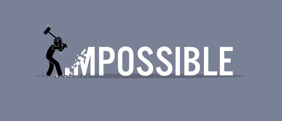 Man destroying the word impossible to possible. Illustrazione stock
