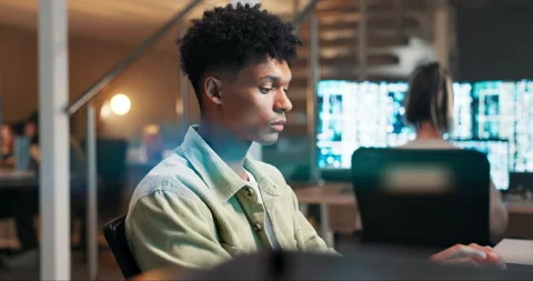 Man, developer and coding a video game in office and working on futuristic Stock Footage 264560876