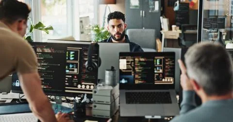 Man, developer and programmer with computer for coding solutions, problem Stock Photos