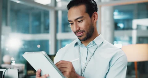 Man, developer and writing on tablet in office for research, programming and Stock Footage 309073765