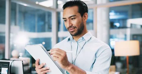 Man, developer and writing on tablet in office of programming, software support Stock Photos