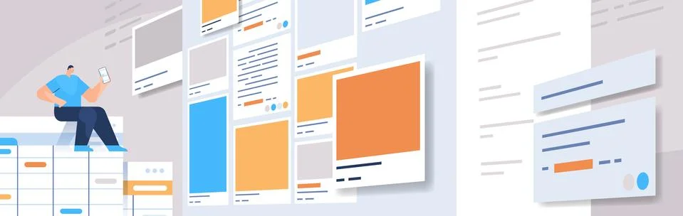 Man developer creating mobile app ui interface web application development Stock Illustration