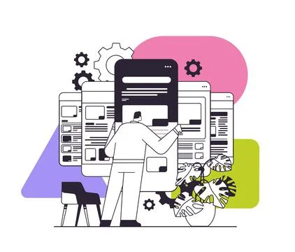 Man developer creating website ui interface on smartphone screen web application Stock Illustration