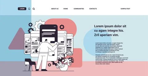 Man developer creating website ui interface on smartphone screen web application Illustrazione stock