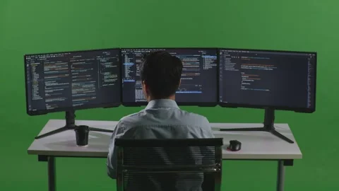 Man Developer Drinking Coffee And Using Computer To Write Code With Multiple Stock Footage 249626703