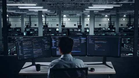 Man Developer Drinking Coffee And Using To Write Code In Data Center Stock Footage 270226836