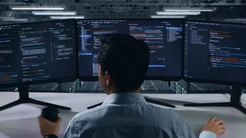 Man Developer Drinking Coffee And Using To Write Code In Data Center Stock Footage 270227371