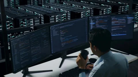 Man Developer Drinking Coffee And Using To Write Code In Data Center Stock Footage 270228651