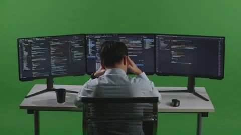 Man Developer Having Headache While Write Code With Multiple Computer Screens Stock Footage 249626297