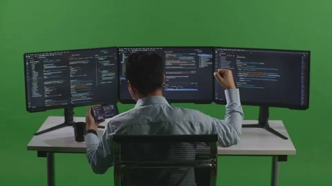 Man Developer Looking At Code On Mobile While Write Code With Multiple Computer Stock Footage 249626542