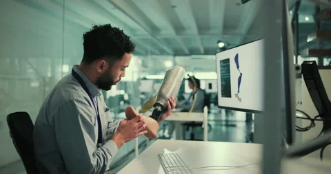 Man, developer or technology with prosthetic leg for research, 3d modeling or Stock Footage 283588292