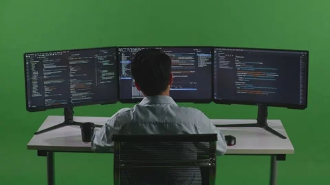 Man Developer Stretching While Write Code With Multiple Computer Screens Stock Footage 249627216