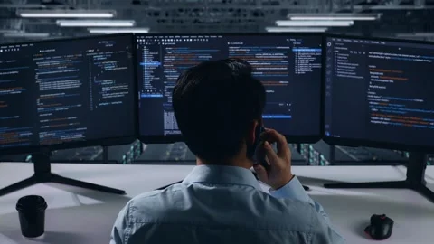 Man Developer Talking On Mobile Phone While Write Code In Data Center Stock Footage 270227191