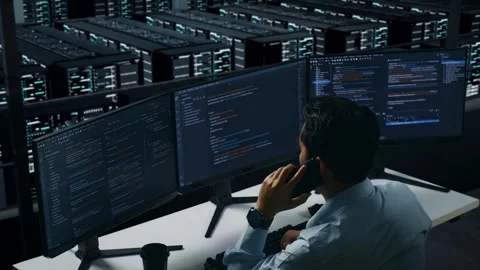 Man Developer Talking On Mobile Phone While Write Code In Data Center Stock Footage 270228618