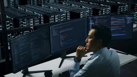 Man Developer Thinking About Something While Write Code In Data Center Stock Footage 270228656