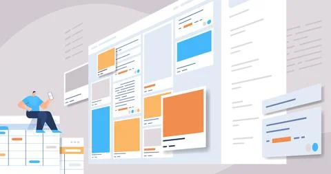 Man developer using smartphone creating mobile app ui interface web application Stock Illustration