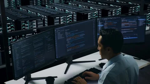 Man Developer Using To Write Code In Data Center Stock Footage 270228479