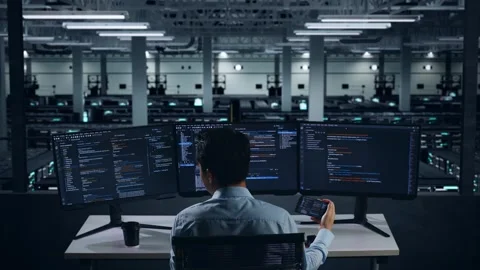 Man Developer Working With Mobile Phone While Write Code In Data Center Stock Footage 270226770