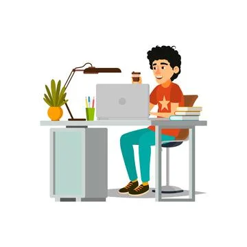 Man developer working with notebook at table cartoon vector Stock Illustration