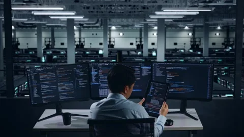 Man Developer Working With Tablet While Write Code In Data Center Stock Footage 270226698