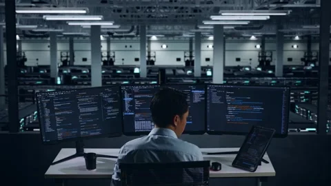 Man Developer Working With Tablet While Write Code In Data Center Stock Footage 270226765