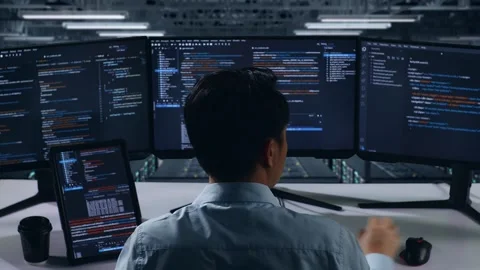 Man Developer Working With Tablet While Write Code In Data Center Stock Footage 270227142