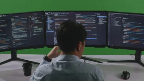 Man Developer Write Code With Multiple Computer Screens In Green Screen Studio Stock Footage 249633272
