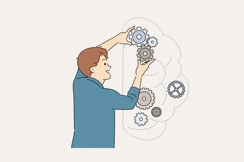 Man is developing artificial intelligence by placing industrial gears inside Stock Illustration