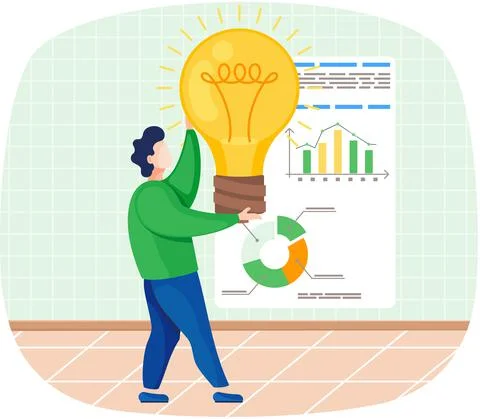 Man develops creative business idea holding bright light bulb standing near Stock Illustration