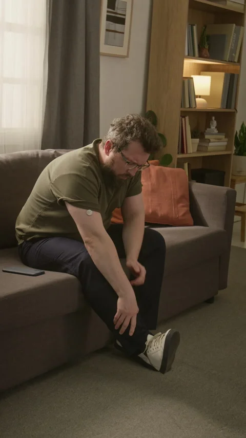 Man with Diabetes Checking Glucose Level on Phone Experiencing Leg Pain Stock Footage 336722898