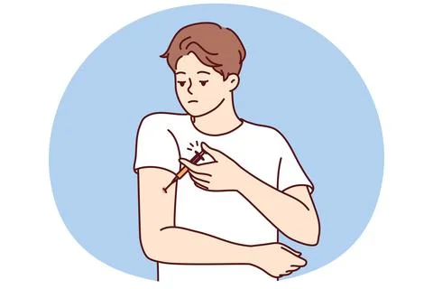 Man with diabetes makes injection in arm to lower blood sugar and avoid insulin Stock Illustration