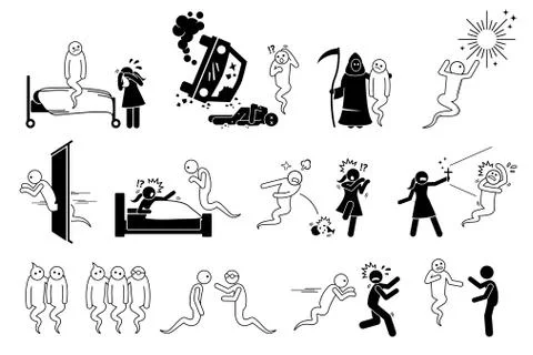 Man died and become a ghost. Icons set depict a spirit haunting people and ho Stock Illustration