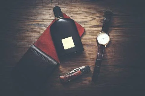 Man different accessories on table Stock Photos