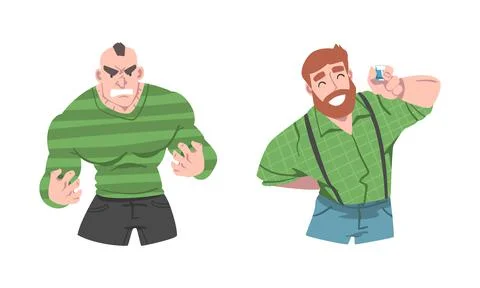 Man Different Emotion Feeling Angry Clenching Fists and Happy Smiling Vector Set Stock Illustration