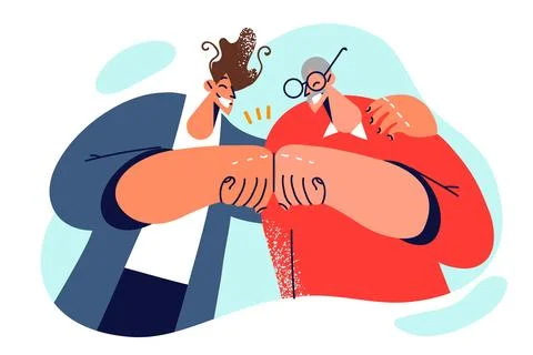 Man from different generations give high five and rejoicing at opportunity to Stock Illustration