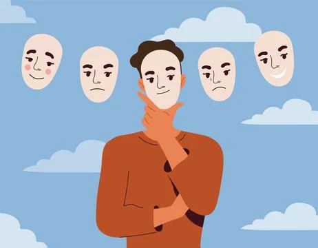 Man with different moods. Young guy with various face masks with emotions 库存插图