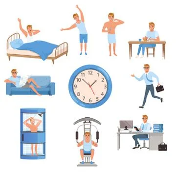 Man in different situations. Day time. Waking up, doing exercises, brushing 스톡 일러스트