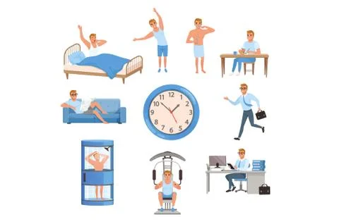 Man in different situations. Day time. Waking up, doing exercises, brushing Stock Illustration
