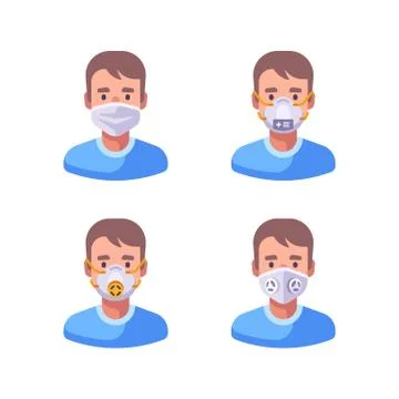 Man in different types of face masks. Medical character set flat illustration Stock Illustration