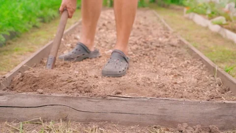 Man digging a garden bed with a shovel in slow motion, close-up Video stock 314766643