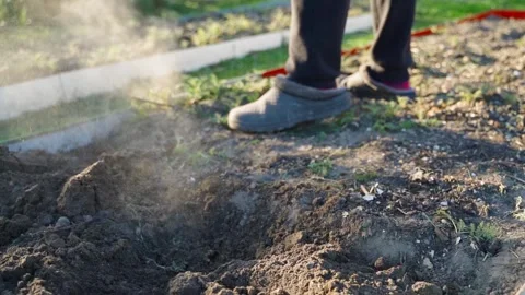 Man digging garden bed with shovel close-up. Slow motion of tilling soil in Stock Footage 337309664