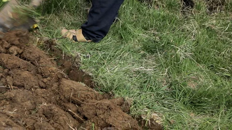 Man digging ground in his garden in spring time Stock Footage 4280899