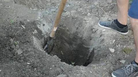 The man digging a hole with a shovel in the ground. Close up shot. Stock Footage 80757883