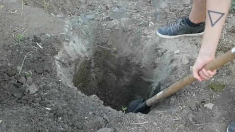 The man digging a hole with a shovel in the ground. Close up shot in 4k Stock Footage 80759118