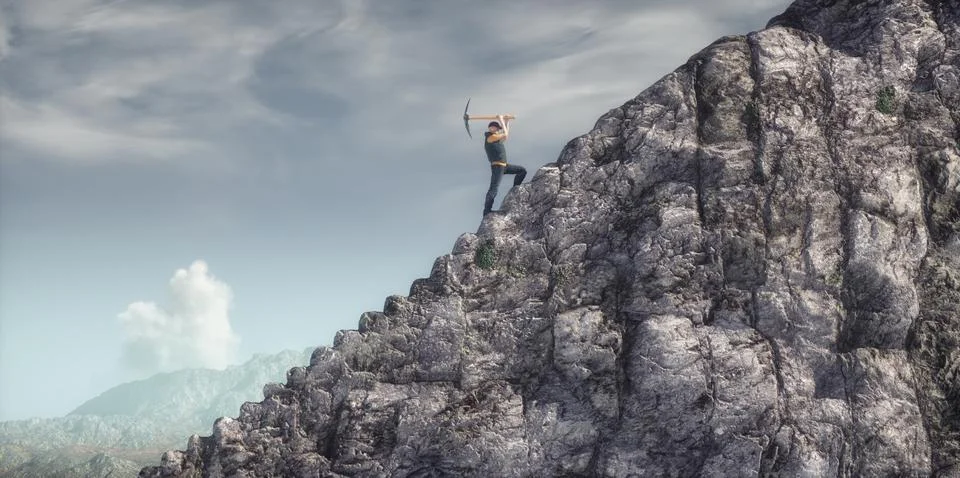 A man digging a ladder into a mountain with a pickaxe. Stock Illustration