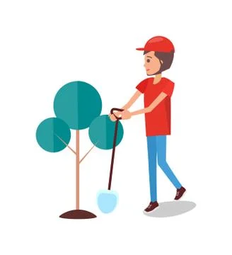 Man Digging Pit to Plant Tree, Vector Gardener Stock Illustration