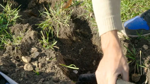 A man digging a trench using shovel to make automatic watering of plants. 4K Stock Footage 107715383