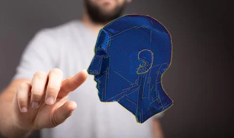 Man with digital 3D rendering of a human head - concept of artificial intelligen Foto stock