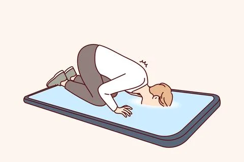 Man with digital addiction looks inside giant mobile phone, kneeling near gadget Stock Illustration