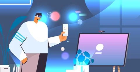 Man in digital glasses using smartphone exploring vr vision headset innovation イラスト素材